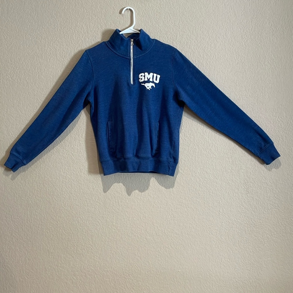 A 2014 blue SMU mustangs college hoodie.It is in a medium only worn 5-6 times.